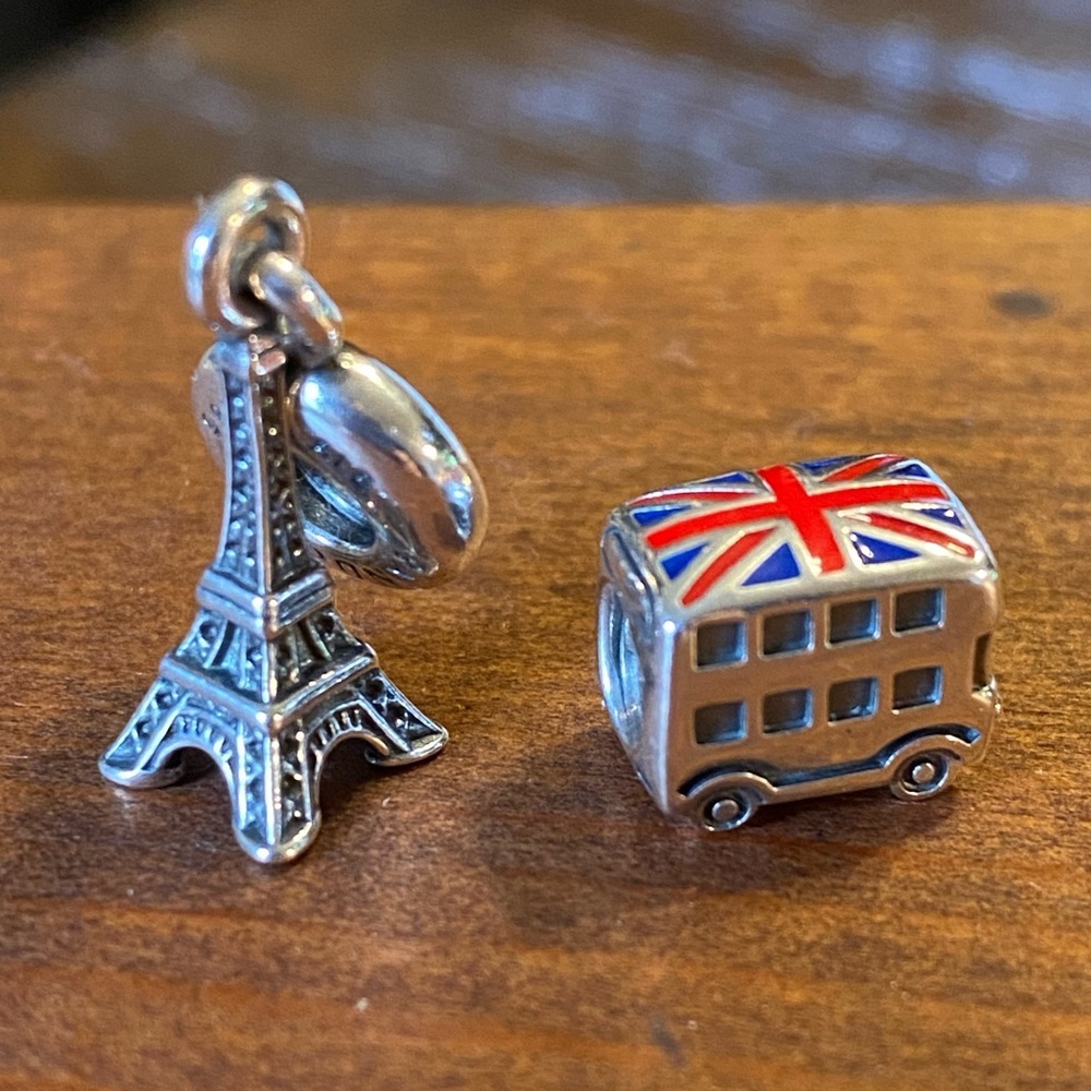 Pandora European Travel Pair of 2 Sterling Charms Eiffel Tower and London Bus